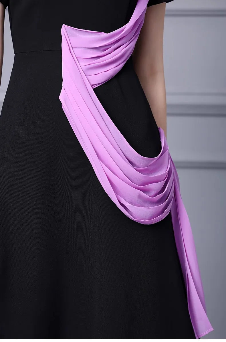 Ivana Short sleeve Pleats Ribbon Patchwork Black Dress