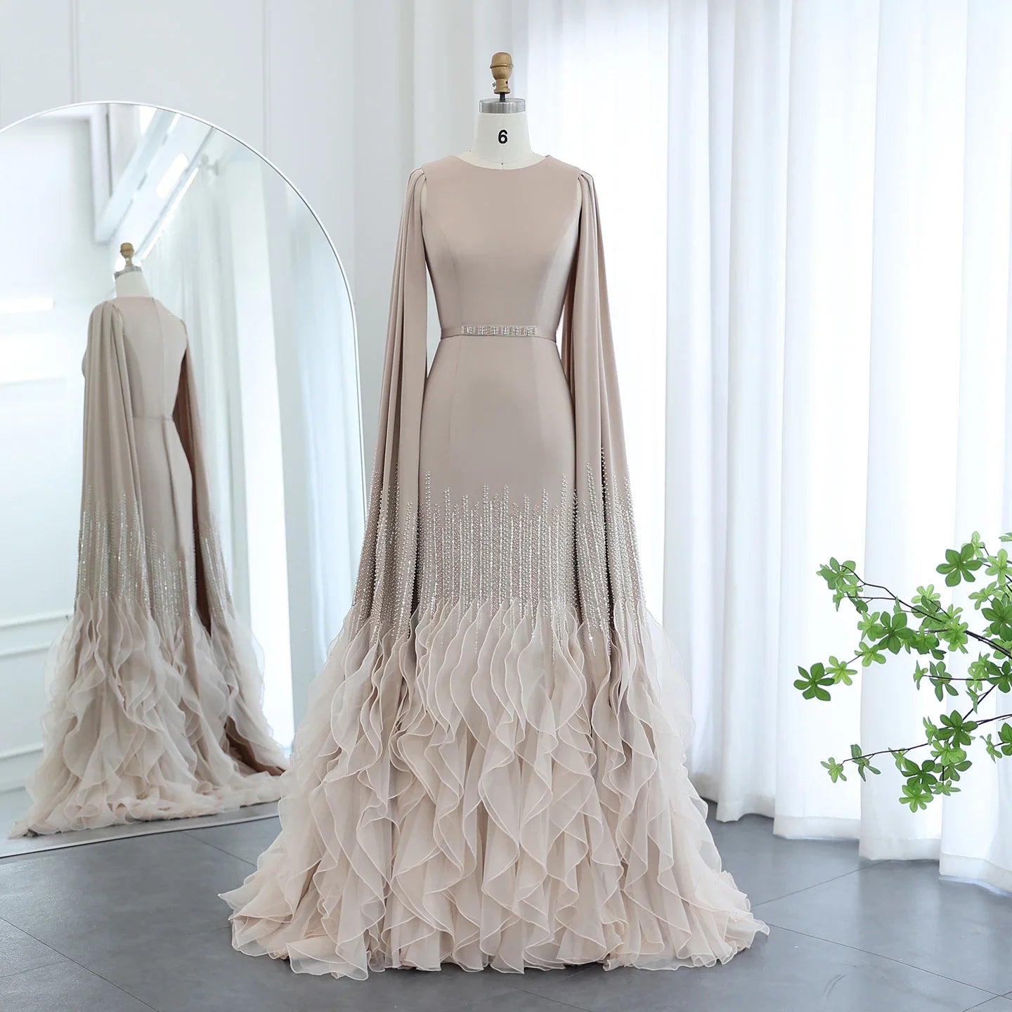 Adelaide White Evening Dresses with Cape Sleeves Tiered Ruffles Women Wedding Party Gown