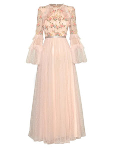 Elora Mesh O-Neck Flare Sleeve Ruffle Floral Embroidery Elegant Party Maxi Dress  Dress