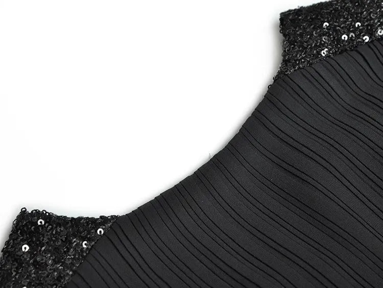 Eleanor  V-Neck Lantern Sleeve Feathers Sequins Patchwork Elegant Party Pleated Black Dress