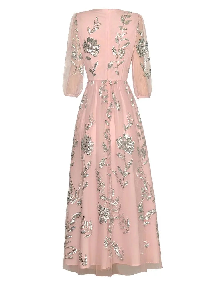 Aislynn O-Neck Lantern Sleeve Sequins Flowers High Waist Vintage Dress