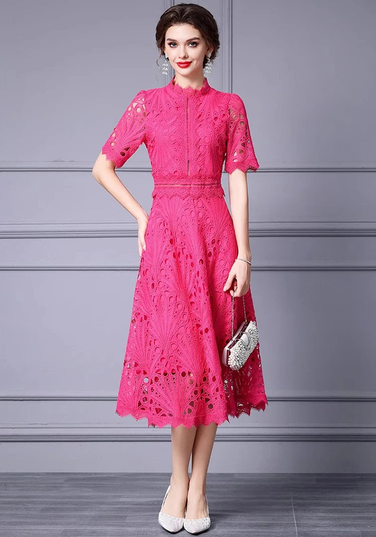 Trisha Sleeve Lace Hollow Out High Waist Solid Color Dress