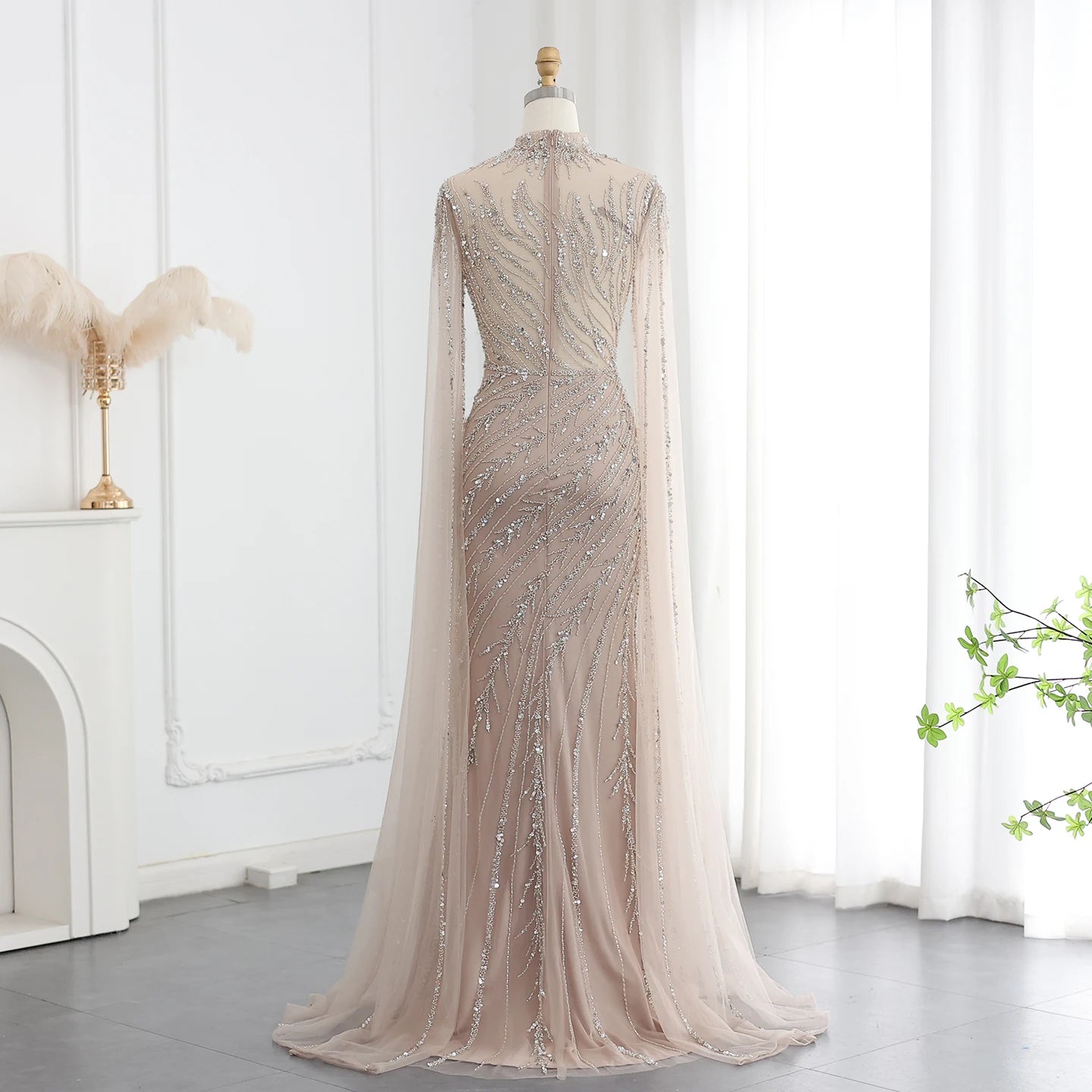Becky Black High Neck with Beaded Cape Sleeve Evening Dress