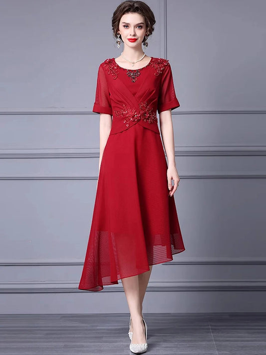 Valerie Crystal Beading Appliques High Street Solid Color Asymmetrical Dress