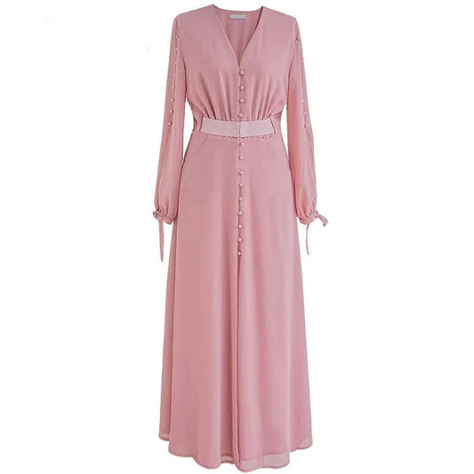 Theo Pink Vintage V Neck Long Sleeve Button High Elastic Waist Slit Slim Long Dress