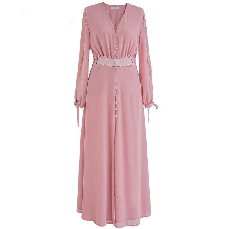 Theo Pink Vintage V-Ausschnitt Langarm Knopfleiste Hohe elastische Taille Schlitz Schmales langes Kleid