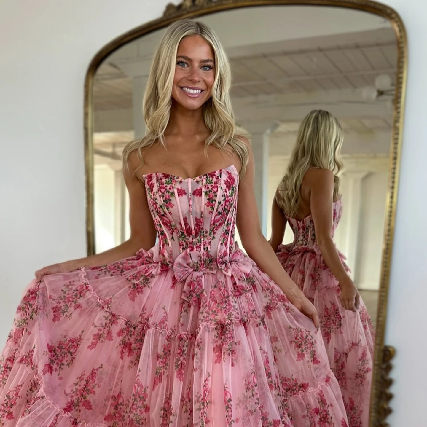 Loralie Pink Floral Print Chiffon Porm Dress