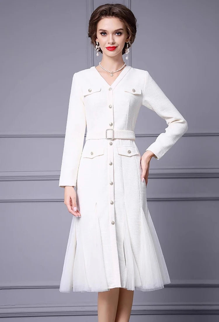 Angela Autumn Winter V-Neck Single-Breasted Lace-Up Slim Dress White / L / China Angela Autumn Winter V-Neck Single-Breasted Lace-Up Slim Dress White / L / China