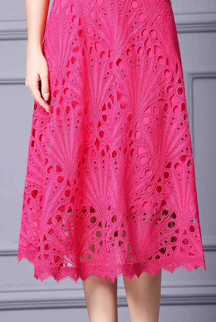 Trisha Sleeve Lace Hollow Out High Waist Solid Color Dress