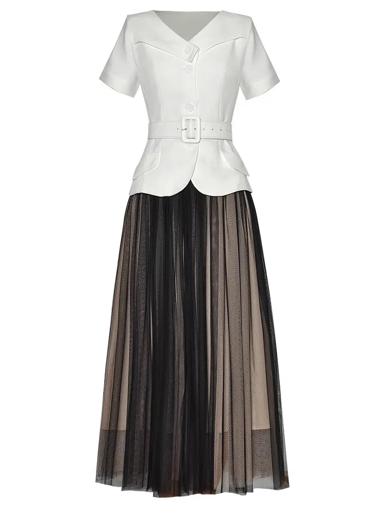 May V-Neck Short Sleeve Sashes Tops + Mesh Long Skirt Office Lady 2-Piece Set