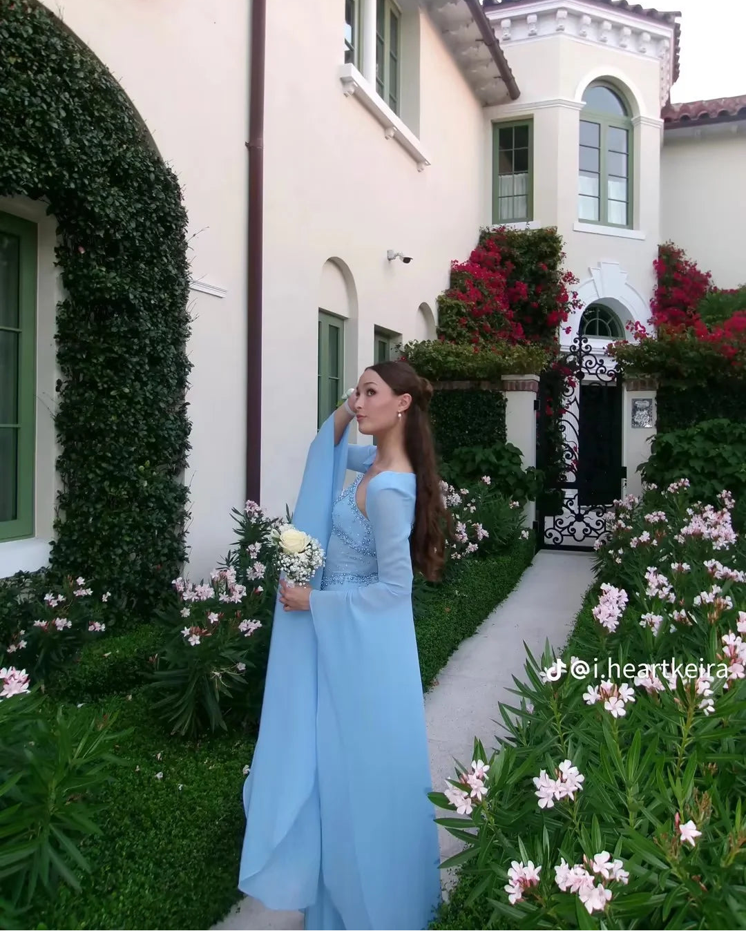 Olla Blue Luxury Beadings Chiffon Prom Dress Square Collar Full Sleeveles Dress