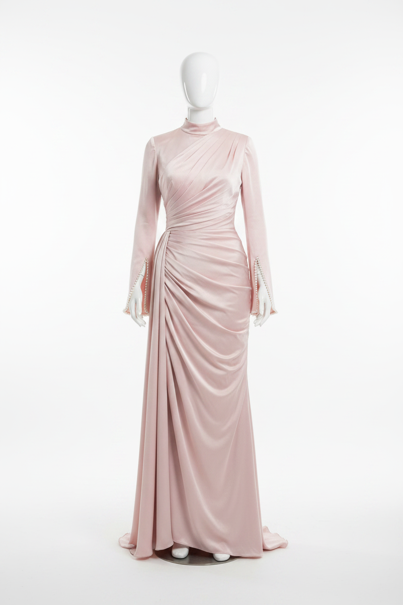Elliebelle Pearls Evening Dress O Neck Full Sleeves Formal Occasion Pleat Prom Gown
