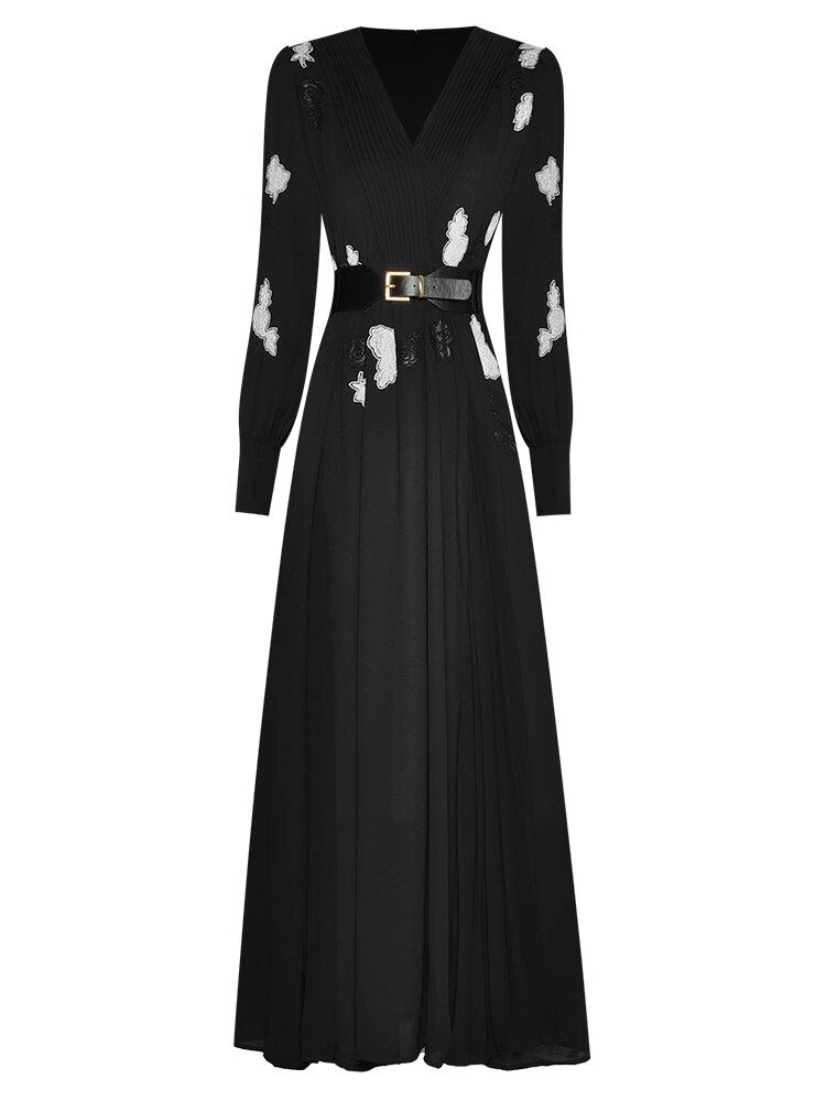 Valentina Early Autumn Dress Women V-Neck Long Sleeve Embroidery Belt Vintage Party Black Dress
