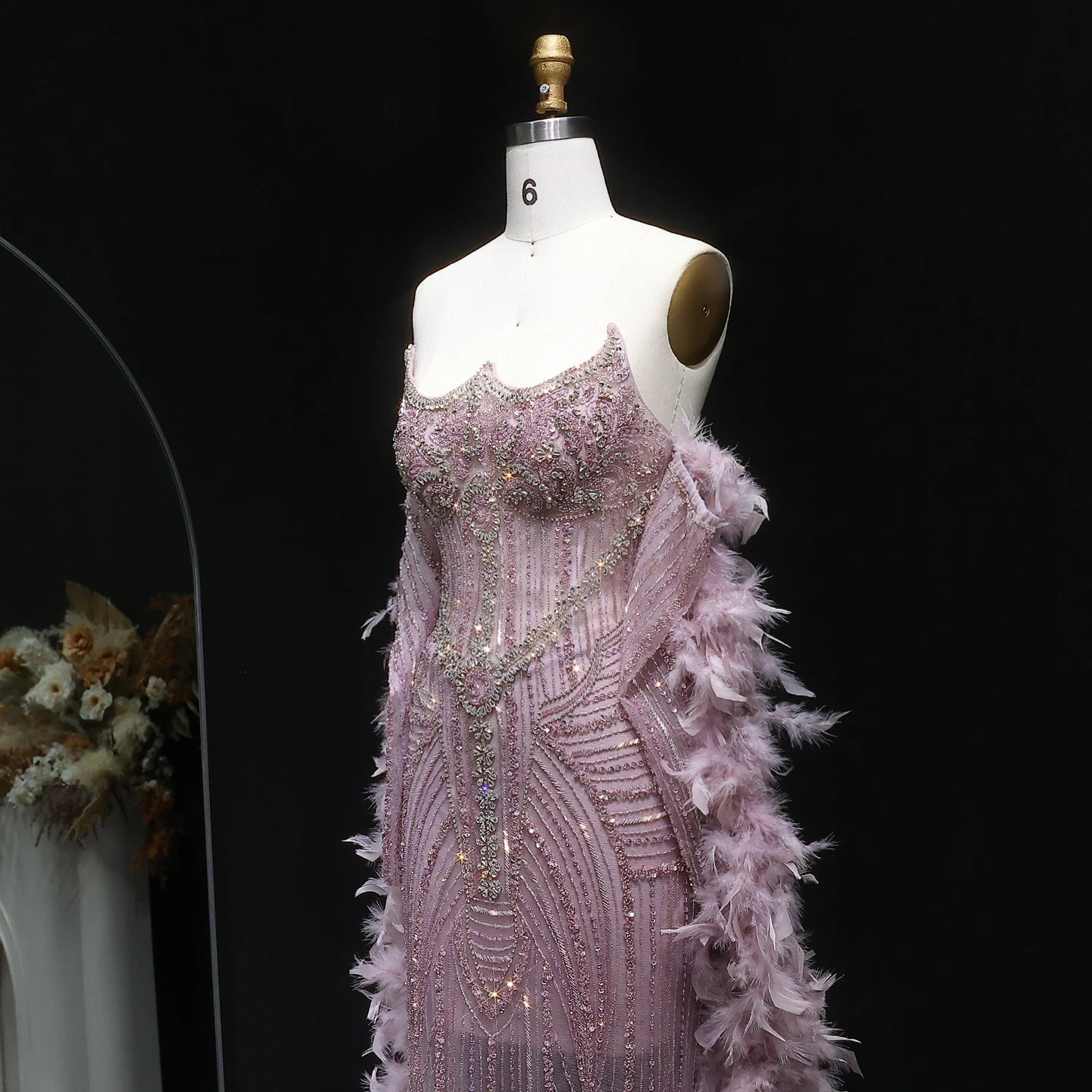 Sarah Off-Shoulder Evening Dress with Feathers Beaded Long Slit Gown