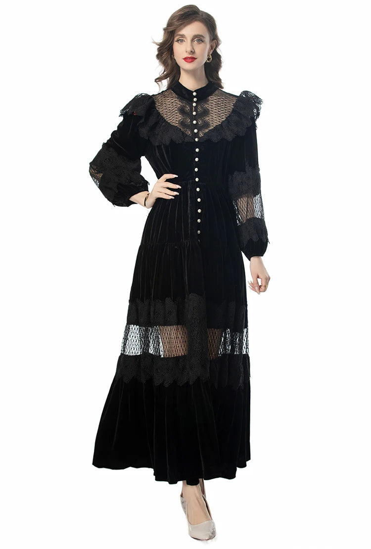 Kamari Stand Collar Lantern Sleeved High Waist Lace-Up Vintage Evening Dress