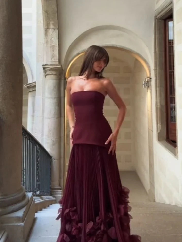 Josefa Banquet Strapless Maxi Dress 3D Floral Pleated Train Hem Luxury Gown
