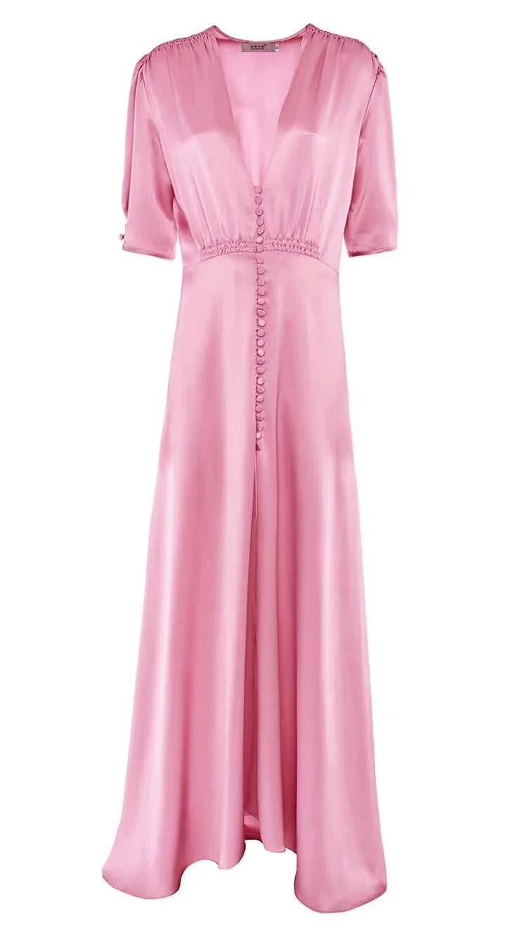 Taliyah V Neck Half Sleeve Button Elastic Waist Slim Irregular Long Dress