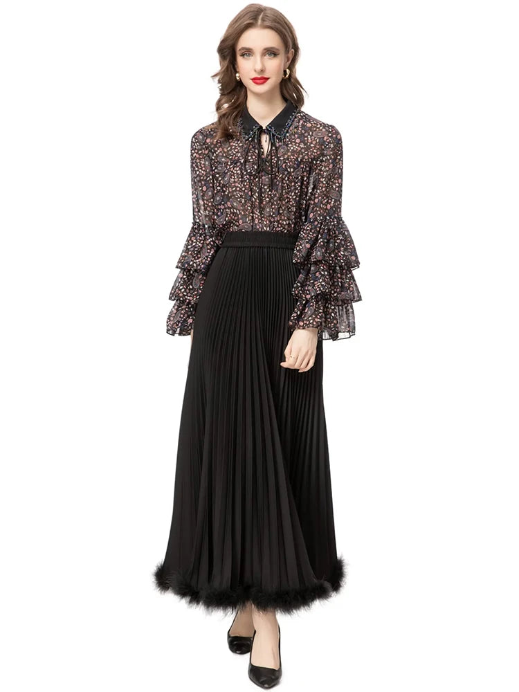 Angela Beading Ruffles Long Sleeve Print Tops +Feathers Pleated Skirt Vintage Two Pieces Set