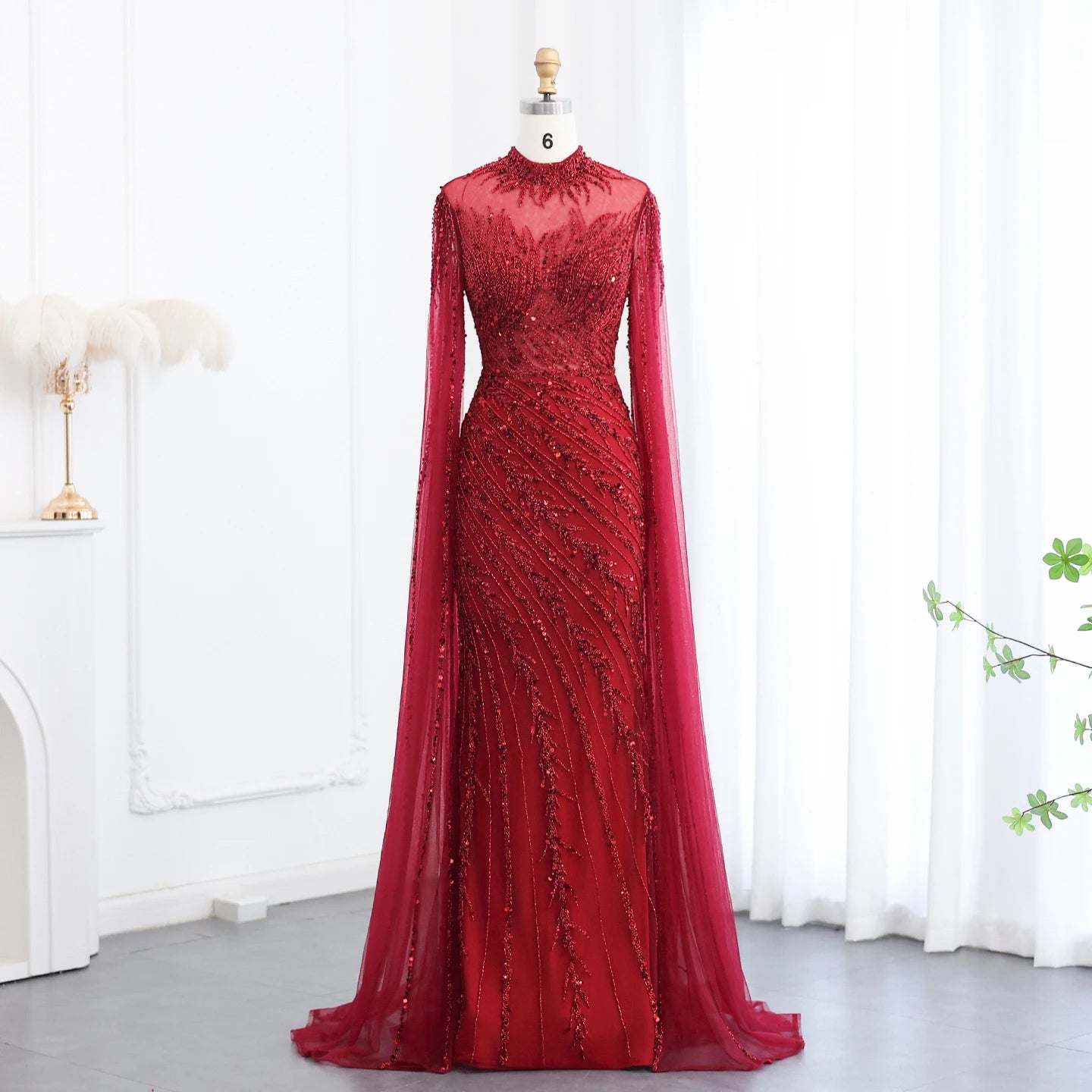 Becky Black High Neck with Beaded Cape Sleeve Evening Dress
