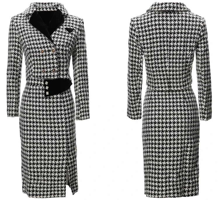 Ryan Plaid Tweed Suit Long Sleeve Double Breasted Short Coat + Pencil Skirt Office Lady 2 Pieces Set
