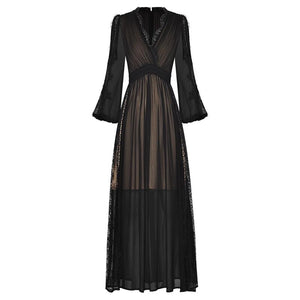 Macie Early Autumn  V-Neck Lantern Sleeve Belt Lace Patchwork Black Elegant Party Dress