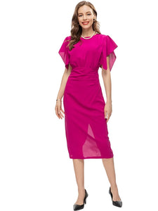 Winona Summer Pencil Dress Women O-Neck Butterfly Sleeve Folds Solid Color Elegant Party Dress