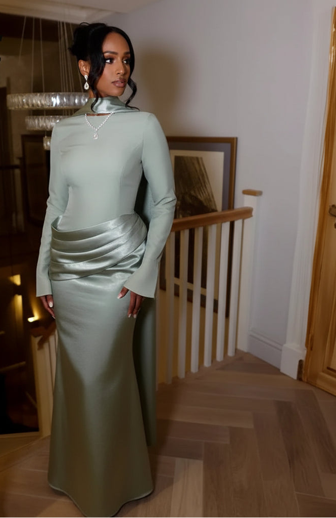 Beauty Vintage Green Satin Long Sleeves Sheath Women's Formal Evening Gown