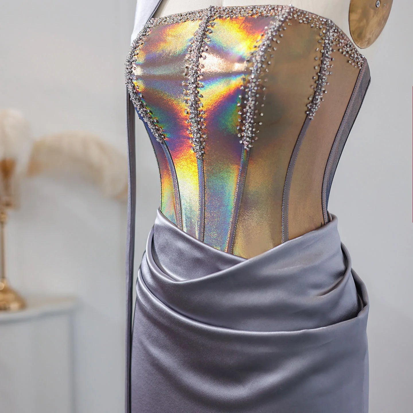 Strapless Gray Satin Evening Dress with Scarf