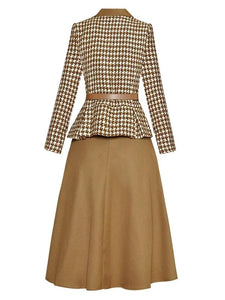 Monica Women Long Sleeve Single Breasted Belt Plaid Tweed Coat + Skirt Office Lady 2 Piece Set
