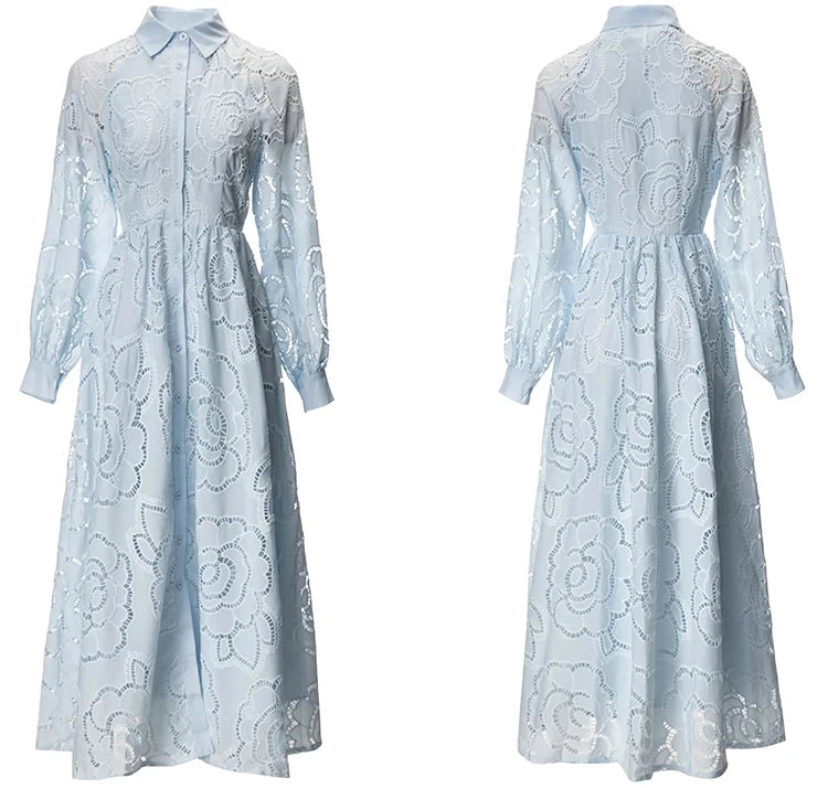 Carla Lantern Sleeve Hollow Out Embroidery Single-Breasted Vintage Dress