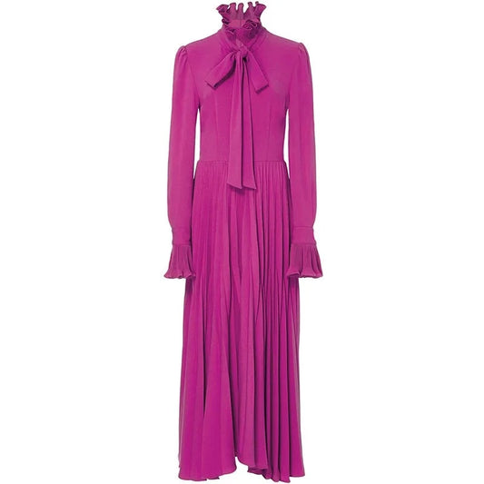 Alexa Fuchsia Vintage Pleated  Ruffle Collar Long Sleeve Frenulum High Waist Slim Dress