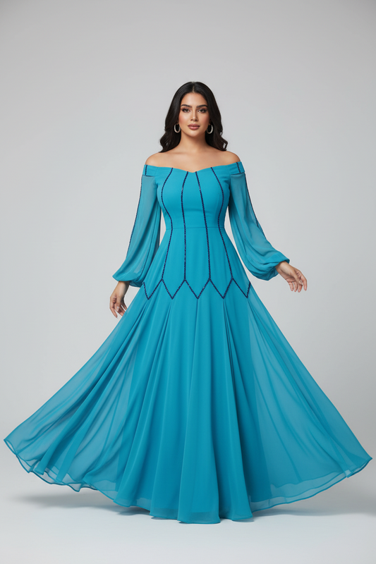 Laura Blue Chiffon  Sequined Full Sleeves Party Dress