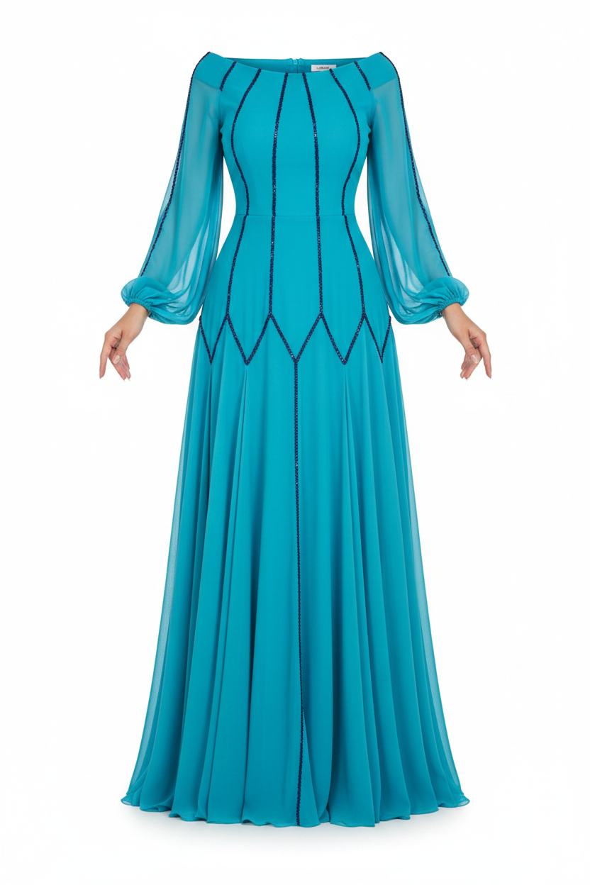 Laura Blue Chiffon  Sequined Full Sleeves Party Dress