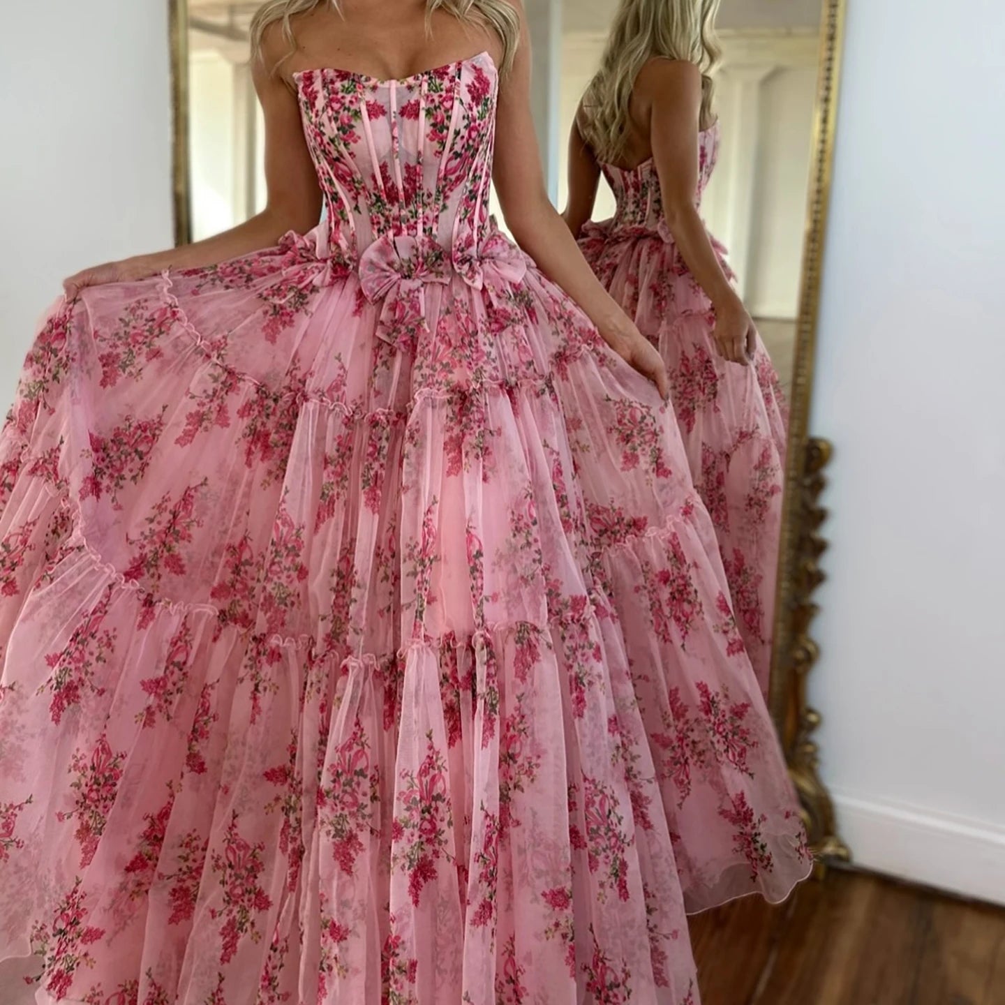 Loralie Pink Floral Print Chiffon Porm Dress