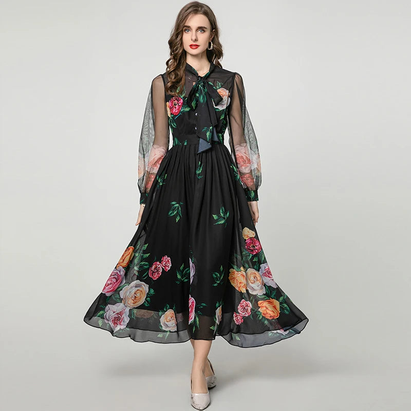 Noah Lace-up Collar Lantern Sleeve Floral Print Elegant party Dress