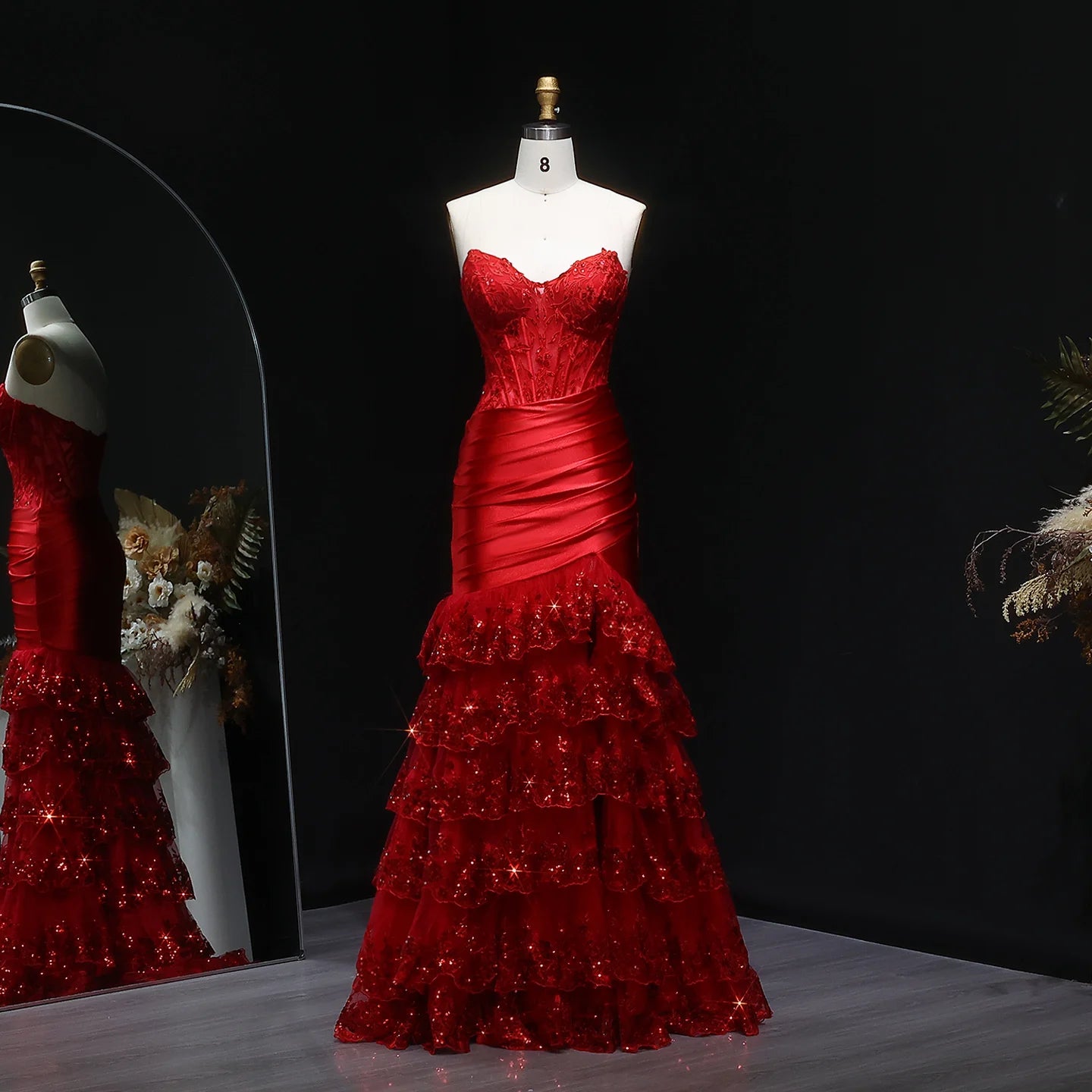 Winona Wine Red Strapless Mermaid Sequined Prom Dress