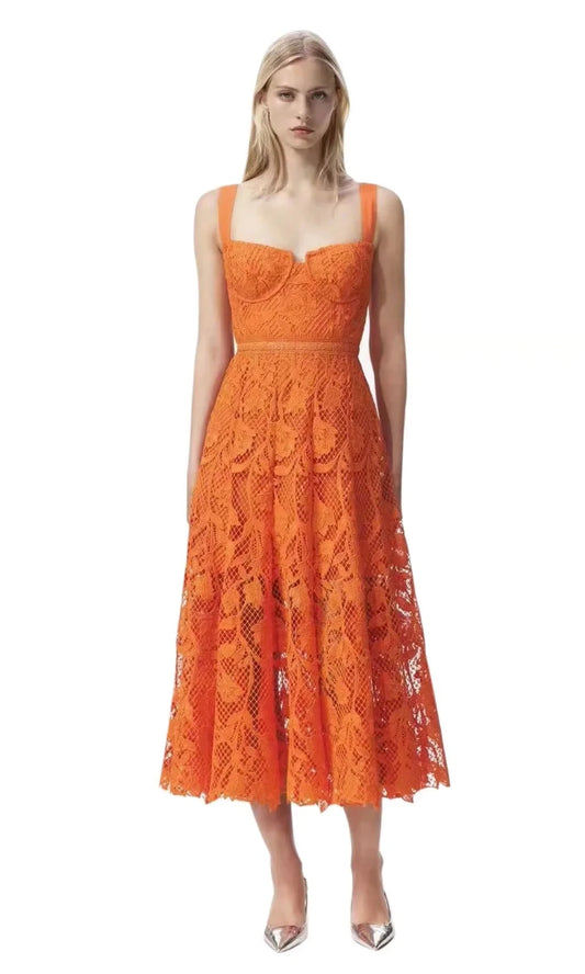 Scarlett Orange Suspender Splice Embossed hollow Lace Dresses