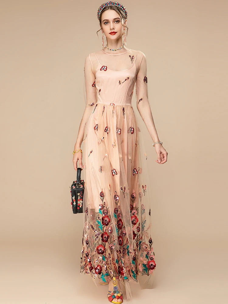 Zaria Floral Embroidery Vintage Party Long Dress