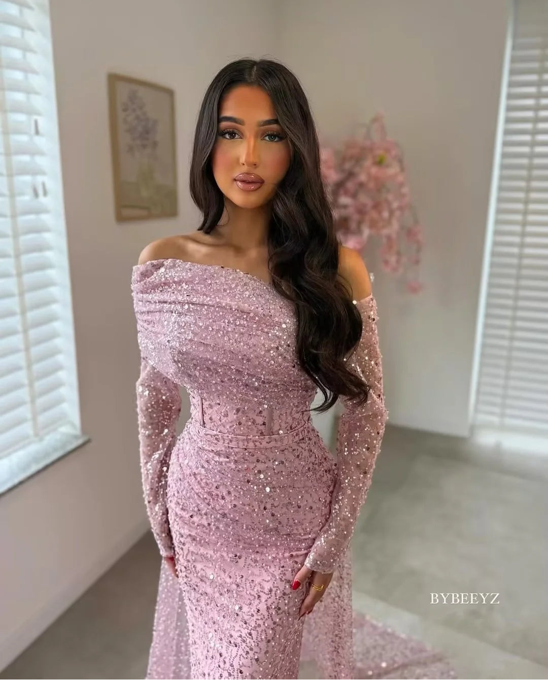 Nala Pink Sequined Evening Dress Off The Shoulder Full Sleeves Formal Occasion Dress