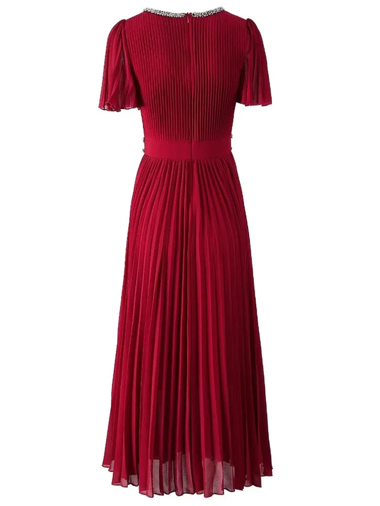 Sawyer  V-Neck Flare Sleeve  Vintage Party Pleated Dress