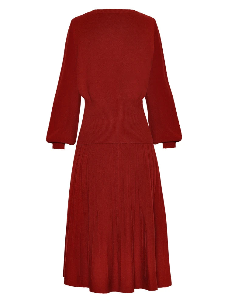 Lani Red Vintage Skirt Set Women's Lantern Sleeve High Elastic Slim Sweater+Long Skirt 2 Pieces Set