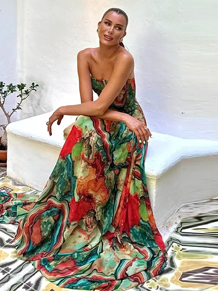 Angel Floral Print Tube Long Dress Women's Fashion Slim Sleeveless Backless Pleated A-line Dresses 2025 Evening Party Gowns