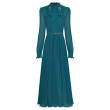 Load image into Gallery viewer, Hyacinth Lace Up Collar Long Sleeve Patchwork Belt Vintage Pleated Dress