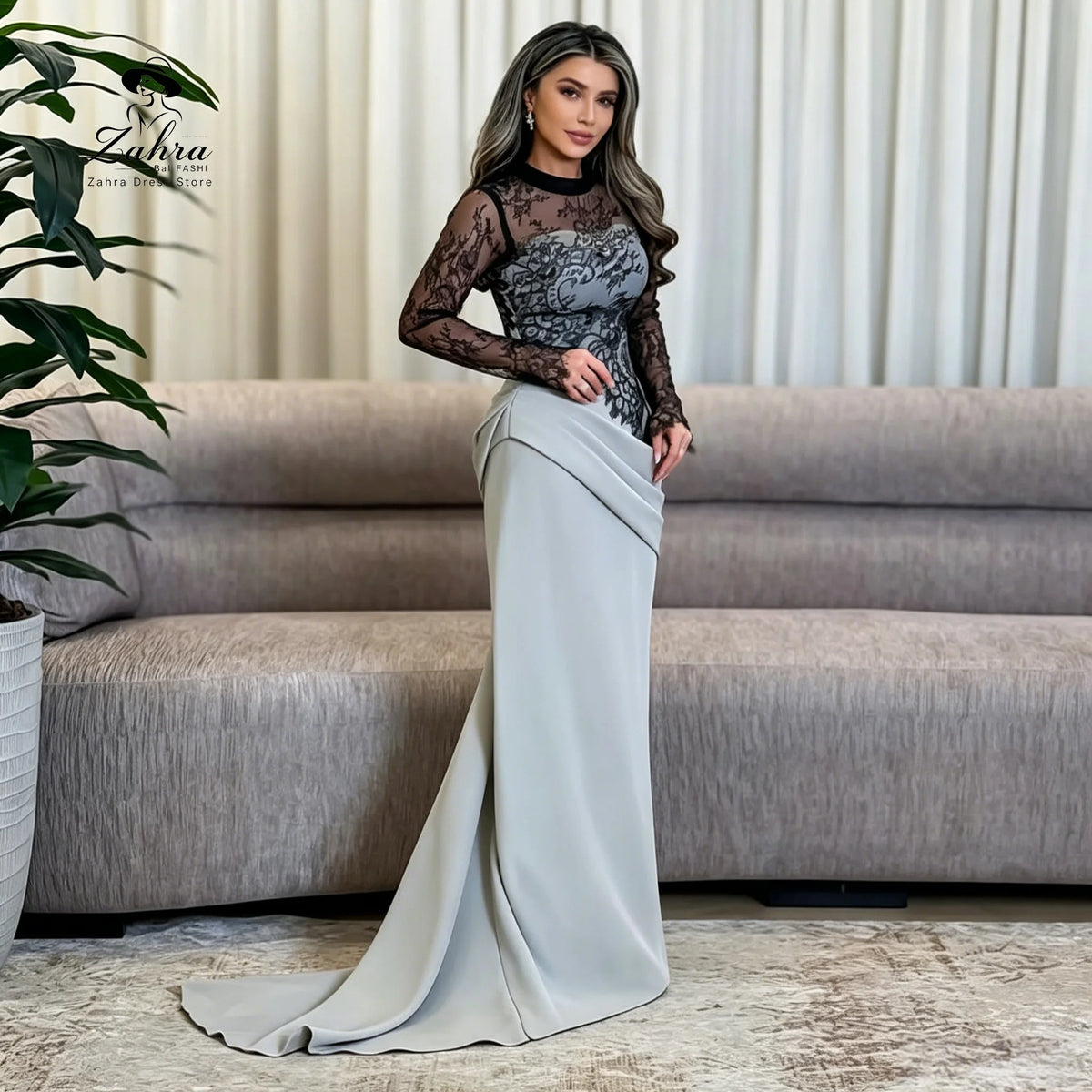 Leigh Lace Prom Dresses High Neck Long Sleeve Evening Dresses