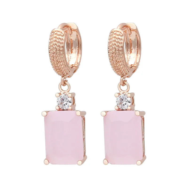 Pink Rectangle Crystal Dangle Earrings