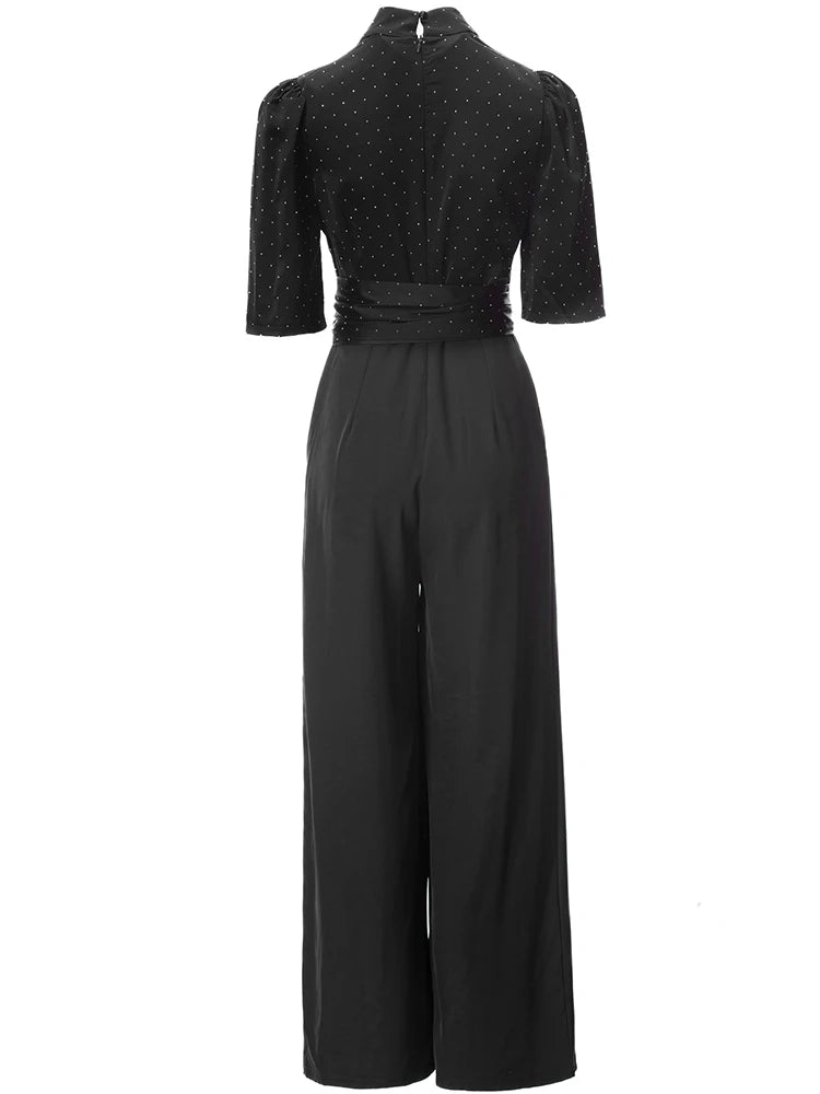 Lucia V-Neck Short Sleeve Crystal Lace-Up Office Lady Wide-leg Pant