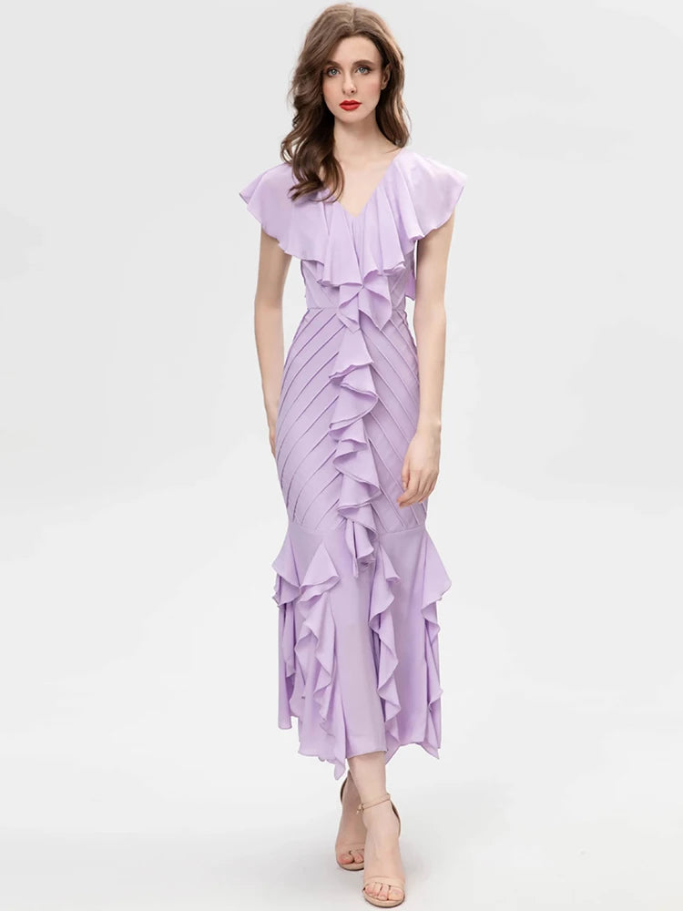 Belen V-Neck Butterfly Sleeve Folds Ruffles HighWaiste Elegant Party Long Dress