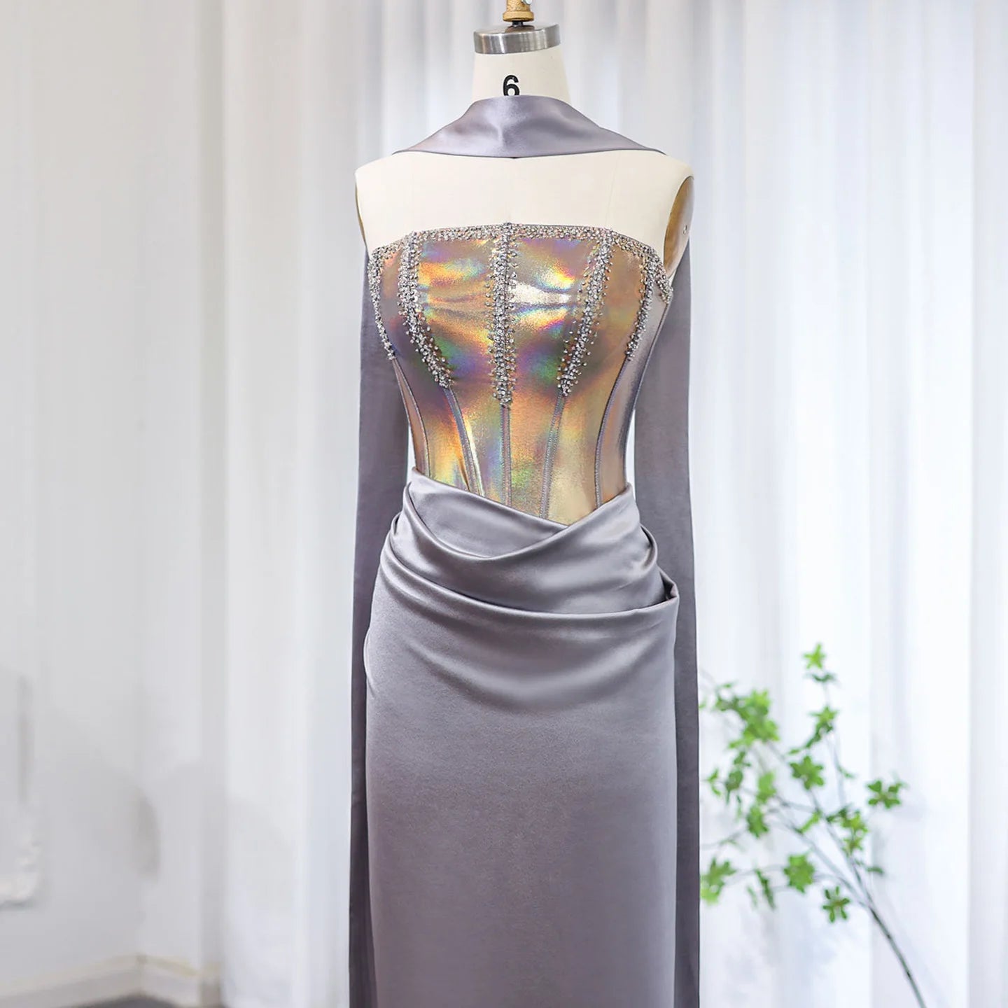 Strapless Gray Satin Evening Dress with Scarf