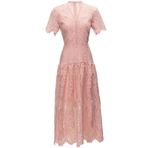 Dream V-Neck Short Sleeve Hollow Out Solid Color Elegant Party Long Dress