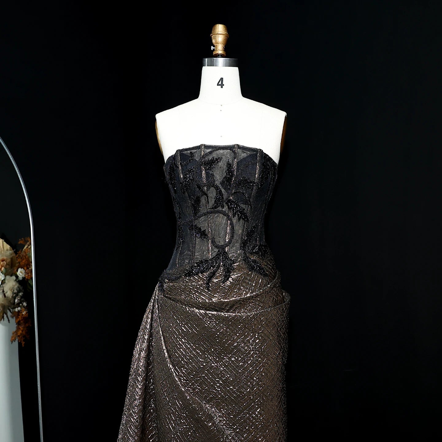 Adele Strapless Sequin Evening Dress with Knot Black